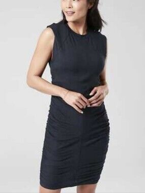 Athleta Presidio Ruched Bodycon Stretch Dress navy blue Knee length sz Small